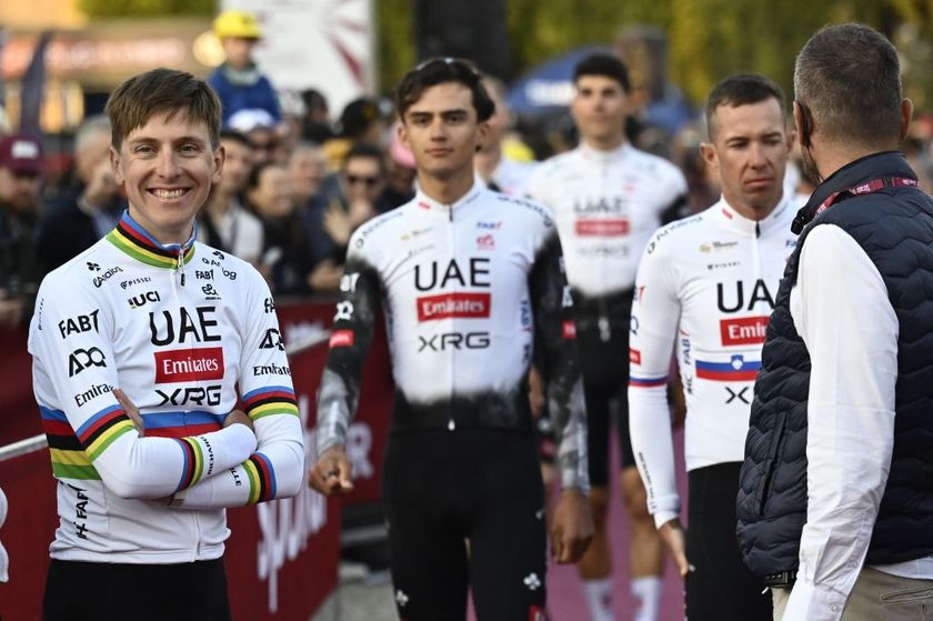 Slovenian Tadej Pogacar of UAE Team Emirates pictured during the team presentation for tomorrow&#039;s &#039;Strade Bianche&#039; one day cycling race from and to Siena, Italy, .
BELGA PHOTO DIRK WAEM (Photo by DIRK WAEM / BELGA MAG / Belga via AFP)