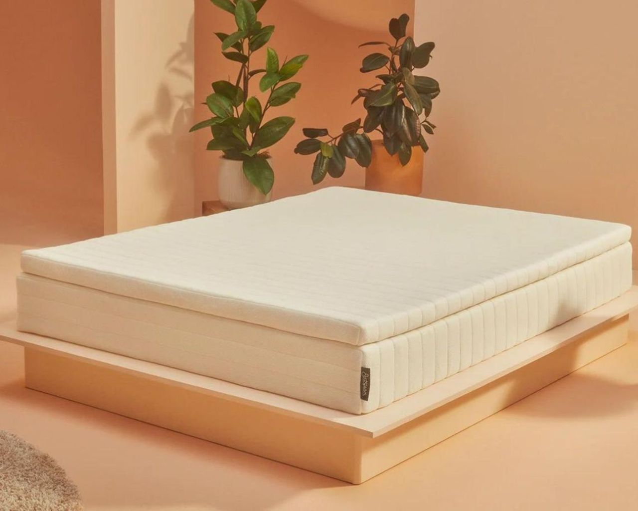 Earthfoam Organic Mattress in a peach bedroom with large houseplants.