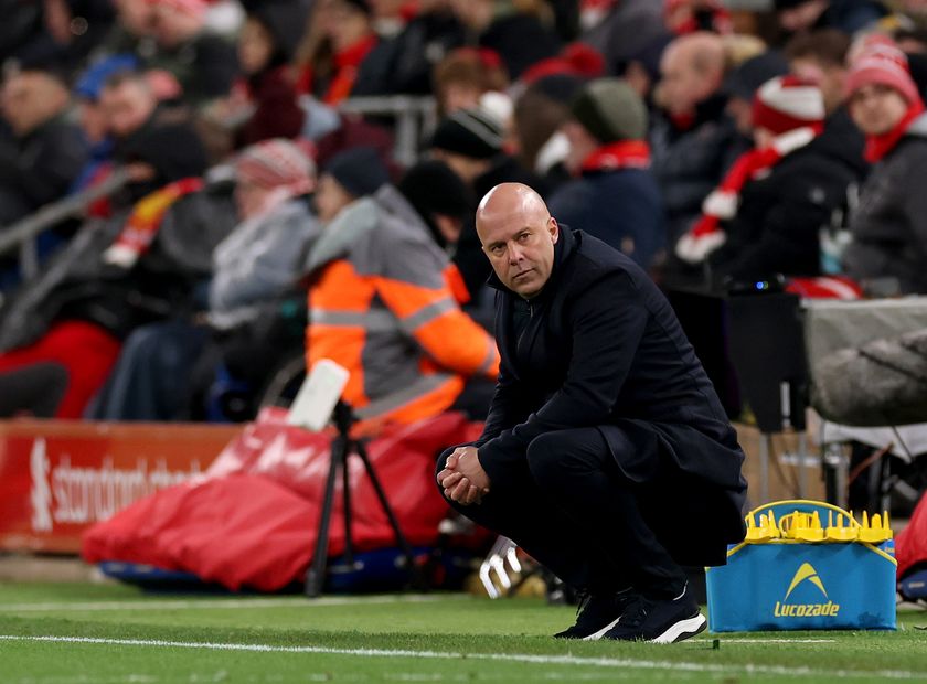 LIVERPOOL, ENGLAND - JANUARY 01: Arne Slot, Manager of Liverpool, during the Premier League match between Liverpool and Leeds United at Anfield on January 01, 2026 in Liverpool, England. (Photo by Carl Recine/Getty Images)