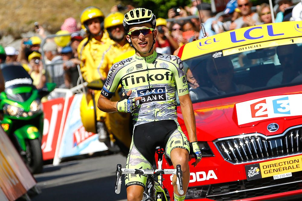 Rafal Majka celebrates his stage 11 win at the finish line.