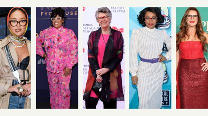 selection of the eyeglasses trends 2023 shown on celebrities: Joy Crookes, X Mayo, Prue Leith, Aurelia Michael-Holmgren and Brooke Sheilds 