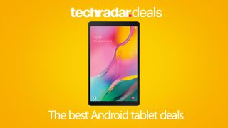 An Android tablet on a yellow background with techradar deals logo above and cheap tablet deals text below