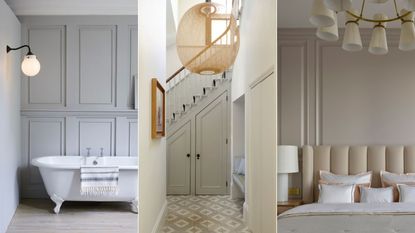 A white clawfoot trub in a grey bathroom with a wall sconce above | View down a hallway at a closed closet under the stairs | A neutral bedroom with a fabric padded headboard and wall panelling, a large lamp on the night stand 