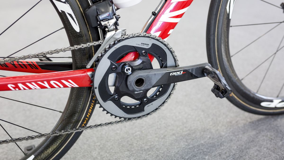 The crankset is equipped with a Quarq power meter