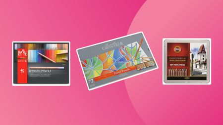Three of the best pastel pencils sets on a pink background