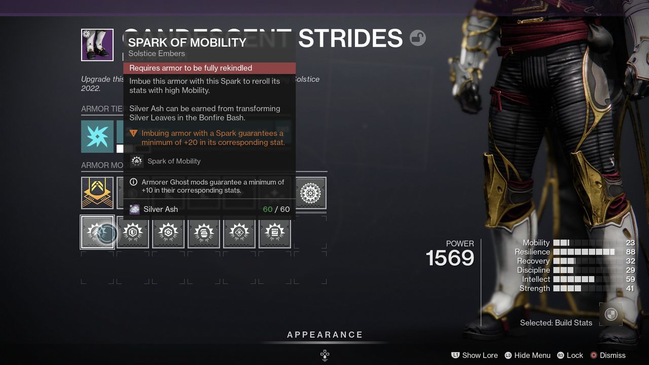 Destiny 2 candescent armor spark selection screen