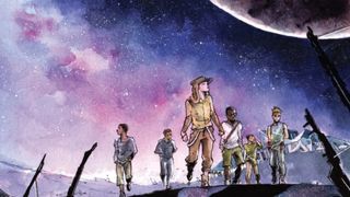 six young people explore ruins on an alien planet under a starry sky