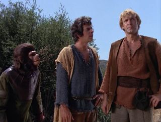 Roddy McDowall, Ron Harper and James Naughton in The Planet of the Apes TV series