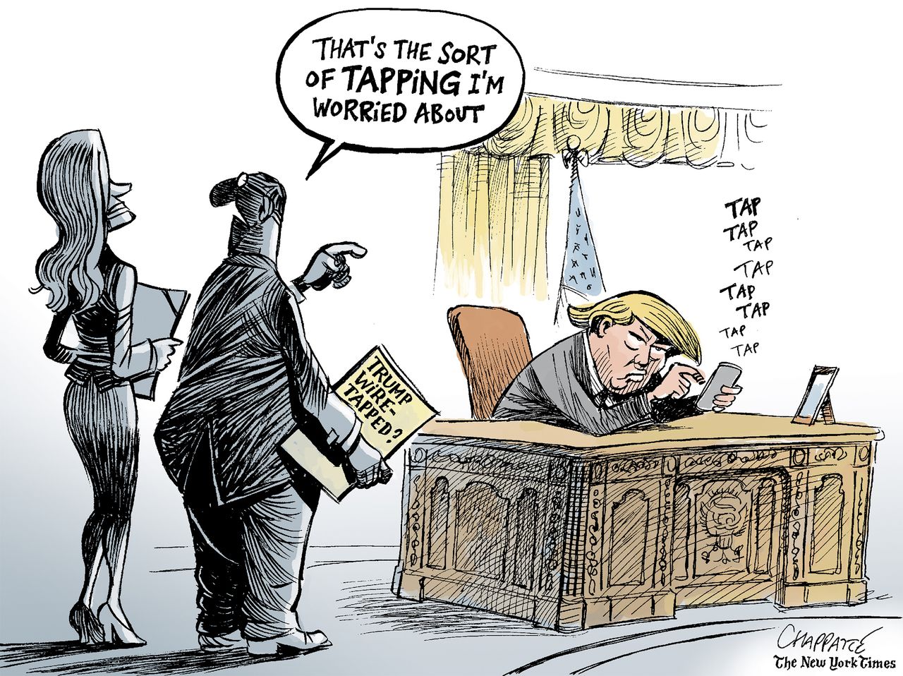 Political Cartoon U.S. Trump wiretap Oval Office Twitter