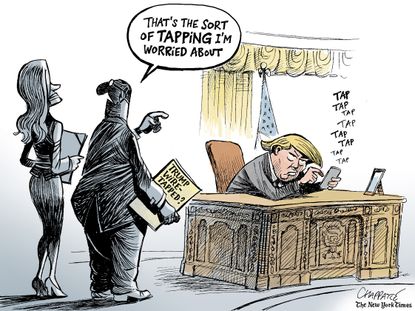 Political Cartoon U.S. Trump wiretap Oval Office Twitter