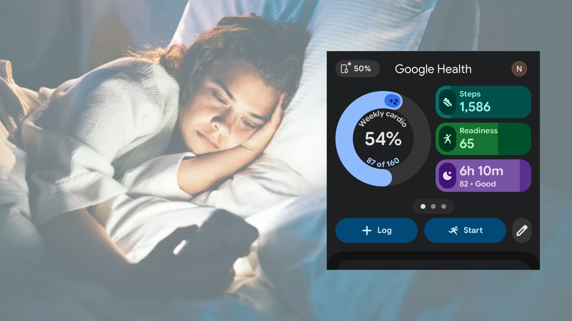 The image shows a young woman lying in bed, her face illuminated by the blue screen of her smartphone. Overlaid on top, fitness tracking stats show 6h and 10m sleep and 1,586 steps walked by 17:46 that day.