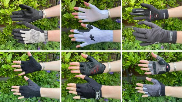 A collage combining six images, in each of which a pair of hands wearing the best women&#039;s cycling gloves hover in front of a green bush