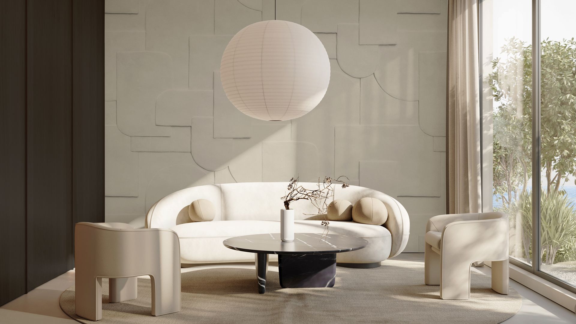 Japandi living room with textured walls