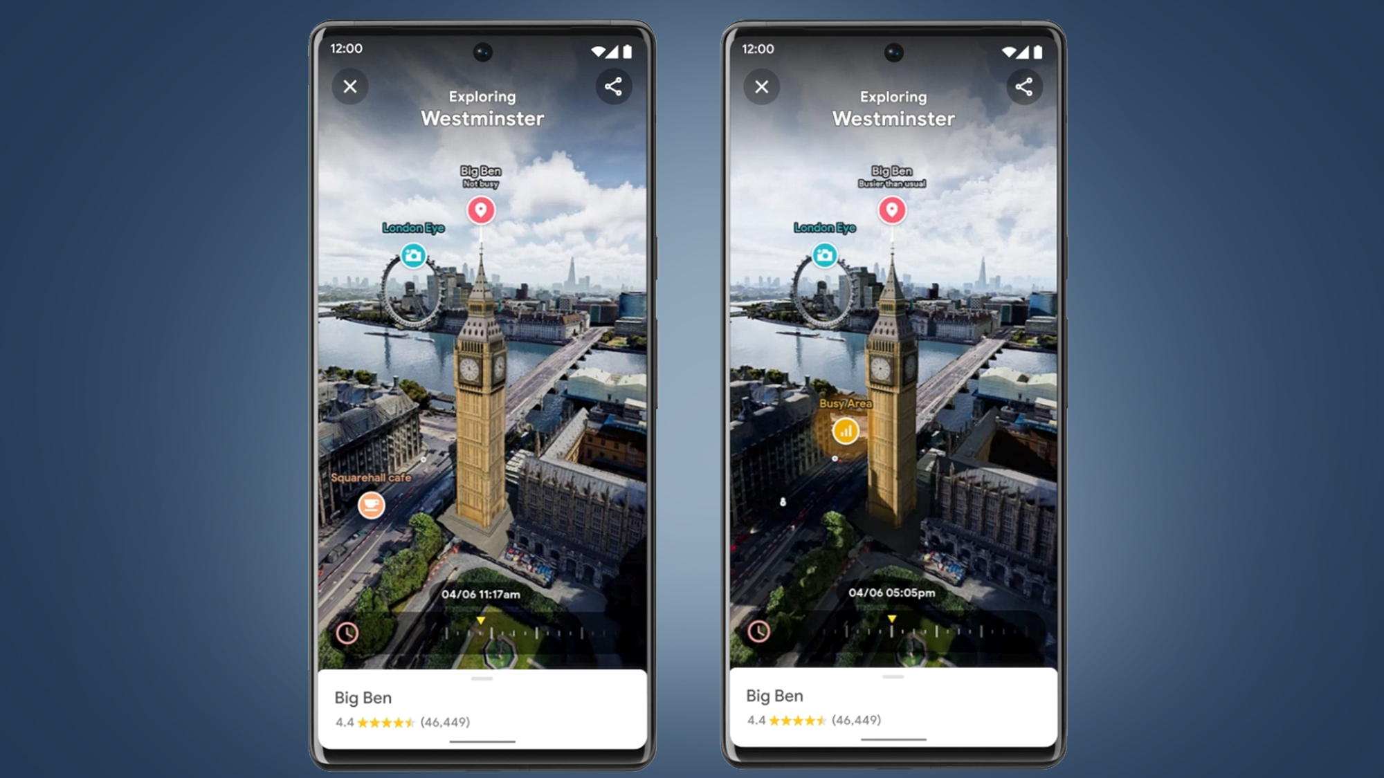 Two phones showing Google Maps Immersive View