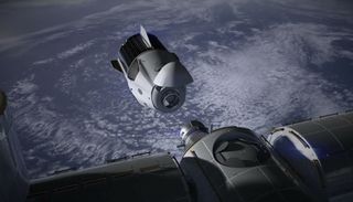 an animation showing the Dragon V2 space capsule meeting up with the International Space Station.
