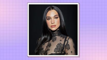 Dua Lipa wears a black, lace jumpsuit as she poses backstage at the GCDS fashion show during the Milan Fashion Week Womenswear Fall/Winter 2023/2024 on February 23, 2023 in Milan, Italy. In a purple and pink check template