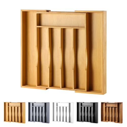 Oridom Expandable Bamboo Kitchen Drawer Organizer for Cutlery and Utensils, Adjustable Bamboo Wood Cutlery Tray in Drawer for Flatware and Silverware in Kitchen, (natural)