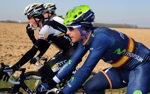 Jose Ivan Gutierrez (Movistar) races past some fields, all readied for spring