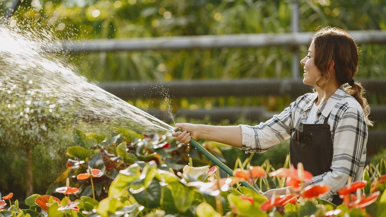 best garden hose hero image showing woman using a hose to water plants