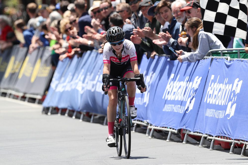 Neve Bradury finished the race first but was later disqualified for having an under-weight bike