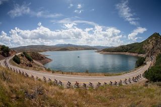 The Tour of Utah passes the East Canyon Reservoir.