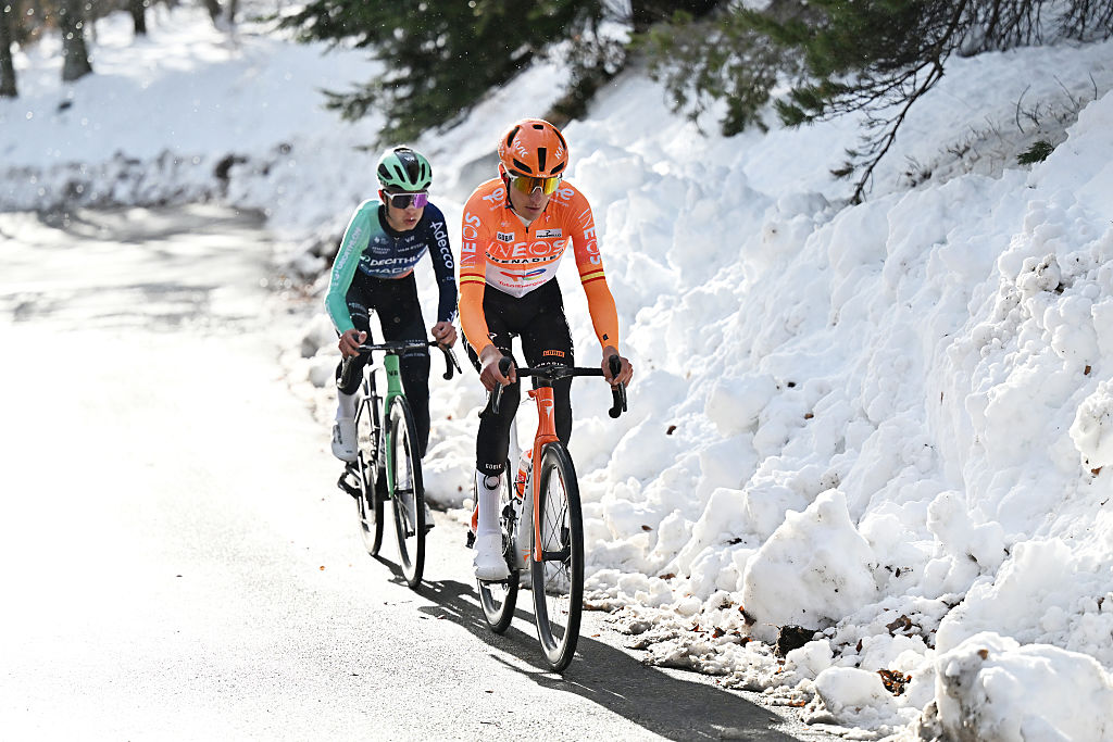 MONTAGNE DE LURE, FRANCE - FEBRUARY 14: (L-R) Stage winner Matthew Riccitello of United States and Team Decathlon CMA CGM and Carlos Rodriguez of Spain and Team INEOS Grenadiers compete in the breakaway during the 10th Tour de la Provence 2026, Stage 2 a 174.9km stage from Forcalquier to Montagne de Lure 1566m on February 14, 2026 in Montagne de Lure, France. (Photo by Billy Ceusters/Getty Images)
