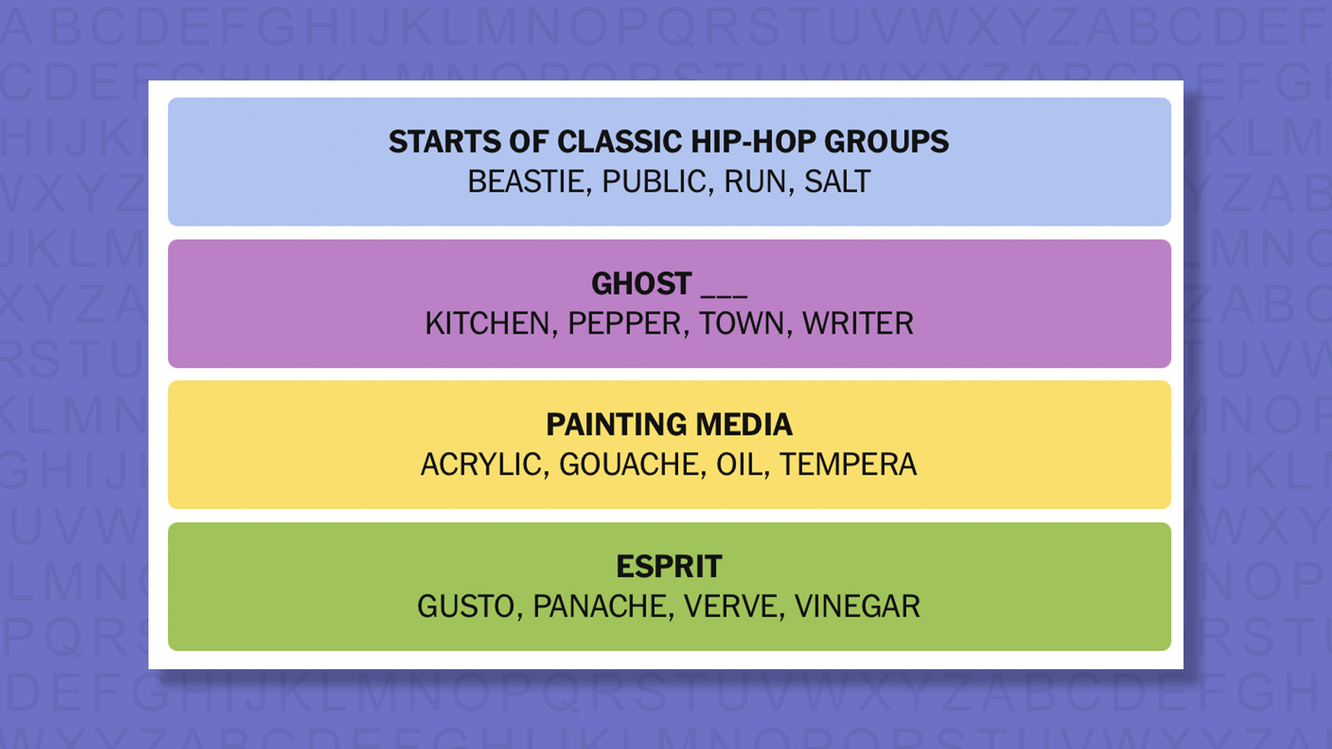 NYT Connections answers for game 1089 on a purple background