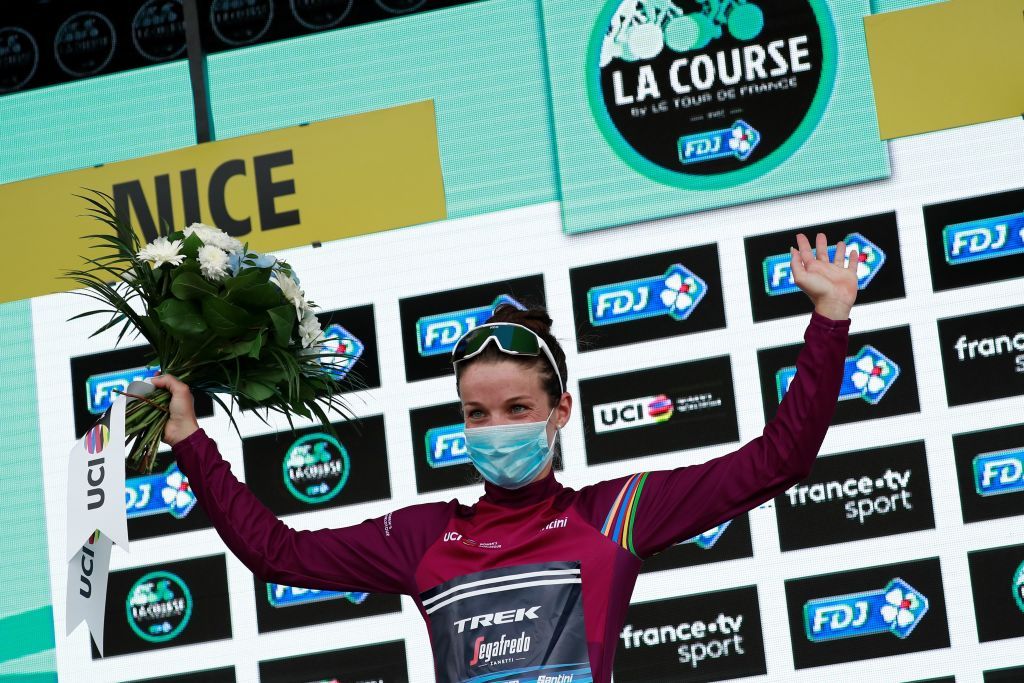 Trek-Segafredo&#039;s Lizzie Deignan celebrates victory at the 2020 La Course by Le Tour de France in Nice, France, which gave her the overall lead in the UCI Women&#039;s WorldTour