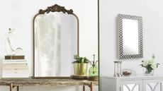 2 Wayfair mirrors in homes, one golden arched mirror on rustic wooden bench leaning on wall, the other rectangle mirror with black and white pattern frame in entryway above furniture