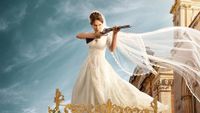 Enola Holmes in a wedding dress holding a shot gun