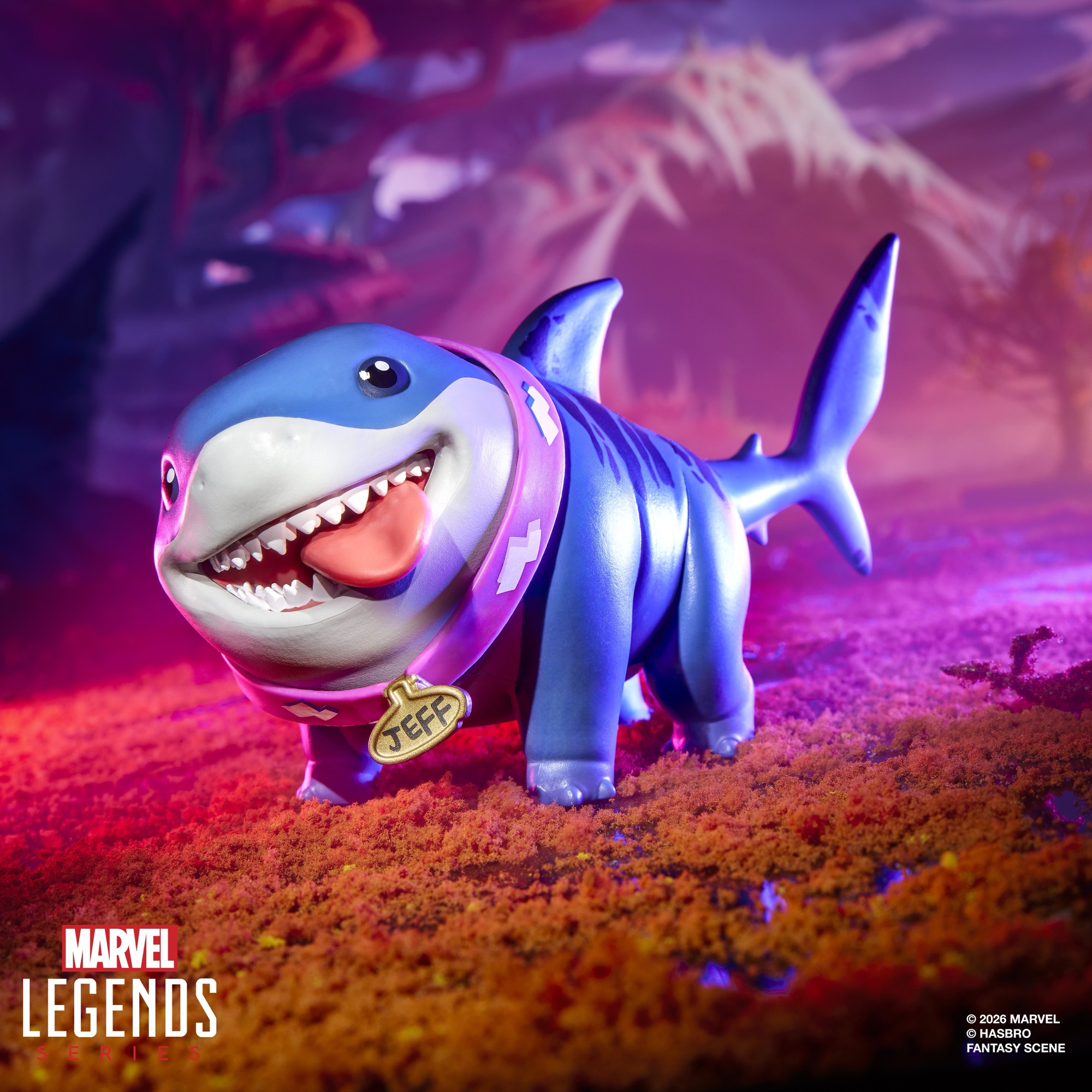 Marvel Rivals Jeff the Land Shark action figure posed against a colorful background