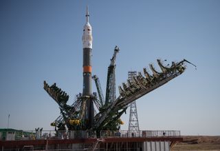 A Russian Soyuz rocket stands atop its launchpad at Baikonur Cosmodrome in Kazakhstan to launch the Expedition 52 crew to the International Space Station. Liftoff is set for July 28, 2017.
