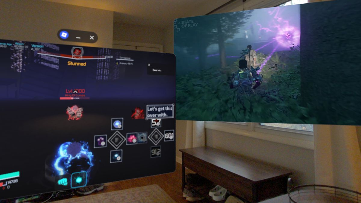 Running Roblox and YouTube side by side in Android XR's infinite canvas on a Samsung Galaxy XR