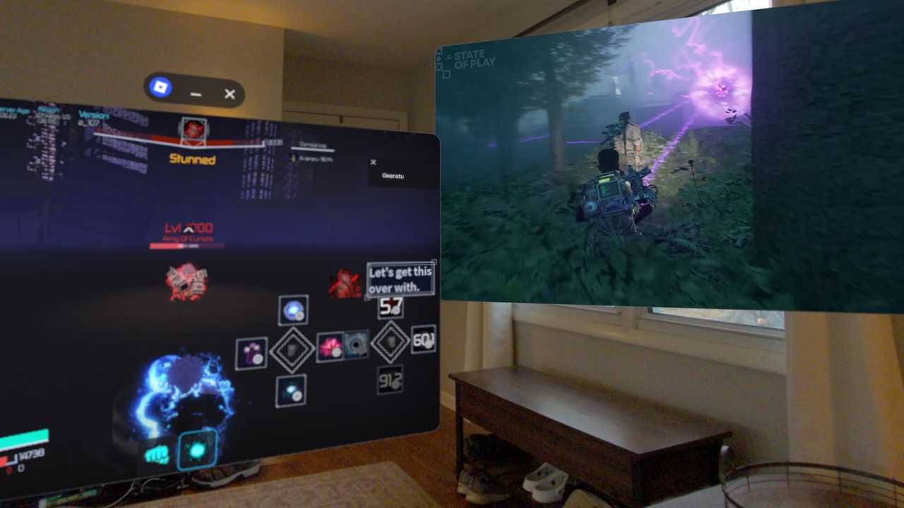 Running Roblox and YouTube side by side in Android XR's infinite canvas on a Samsung Galaxy XR