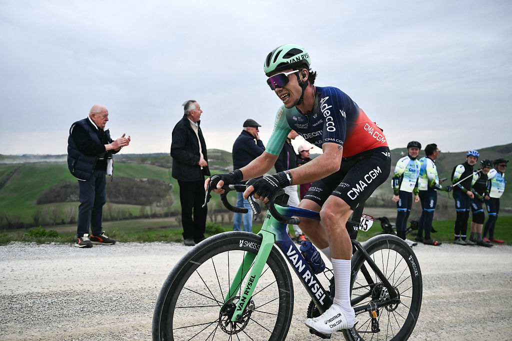 Decathlon CMA CGM Team's French Jordan Labrosse rides during the 20th one-day classic 'Strade Bianche' (White Roads) men's cycling race between Siena and Siena in Tuscany on March 7, 2026. (Photo by Marco BERTORELLO / AFP)