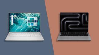 A Dell 14 Premium vs Apple MacBook Pro 14-inch against a two-tone TechRadar background