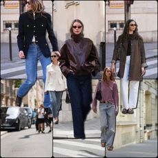 Five women wearing jeans styled with fall jackets, including leather, tailored, military-inspired, and utility silhouettes, plus a striped top.