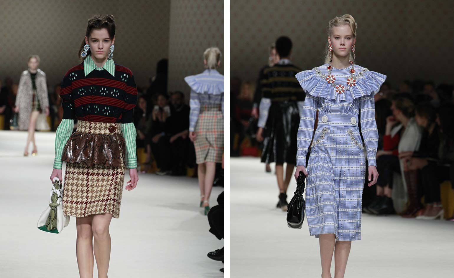 Daisy earrings cascaded from models' ears, often meeting regaled bib necklaces that were envisaged from the same encrusted floral motifs