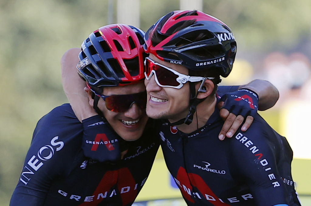 Michal Kwiatkowski R of Ineos Grenadiers and Richard Carapaz of Ineos Grenadiers celebrate after winning the stage 18 of the 107th edition of the Tour de France cycling race from Meribel to LaRochesurForon 175 km in France Thursday 17 September 2020 This years Tour de France was postponed due to the worldwide Covid19 pandemic The 2020 race starts in Nice on Saturday 29 August and ends on 20 September BELGA PHOTO POOL Photo by POOLBELGA MAGAFP via Getty Images