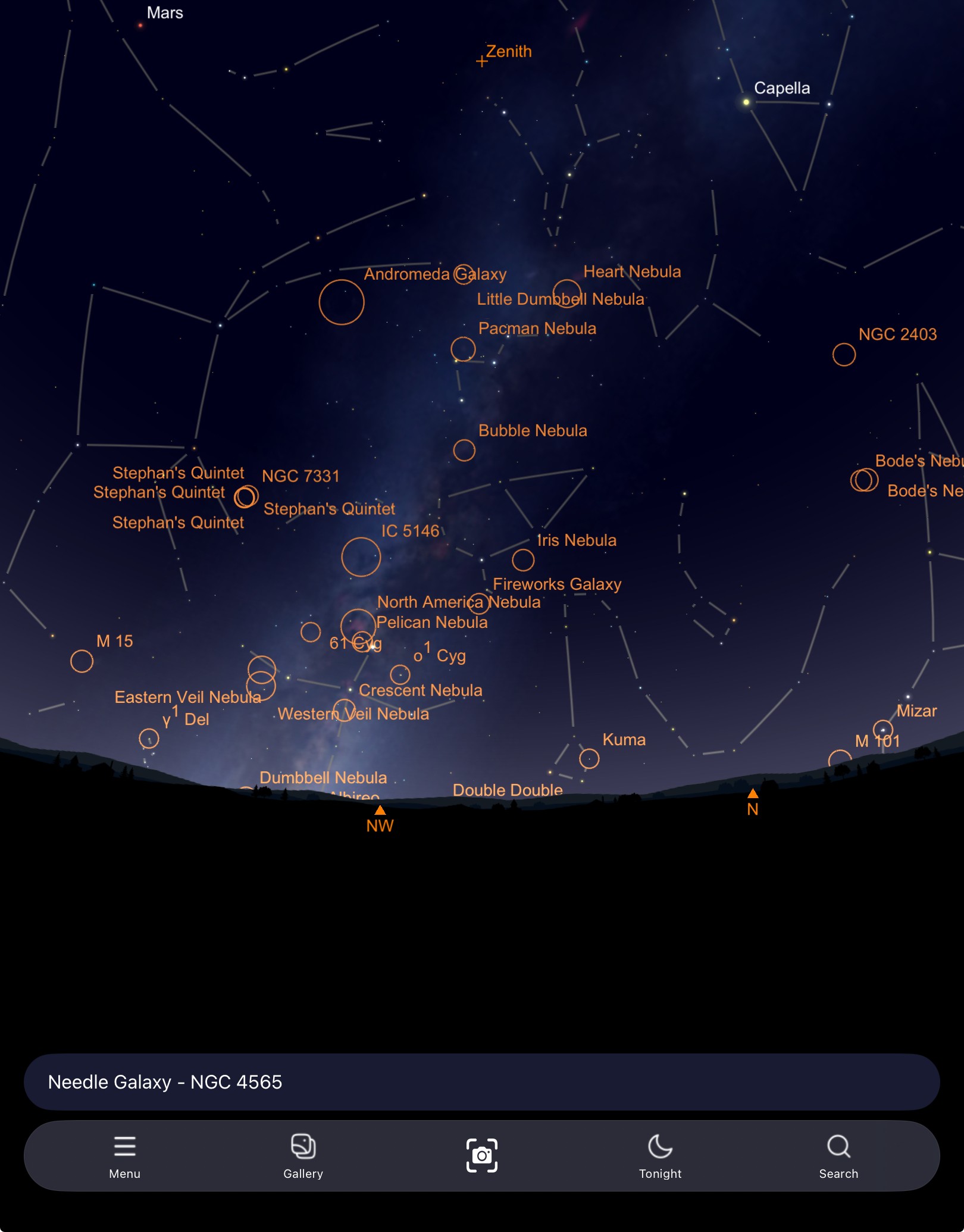 an app interface showing the night sky