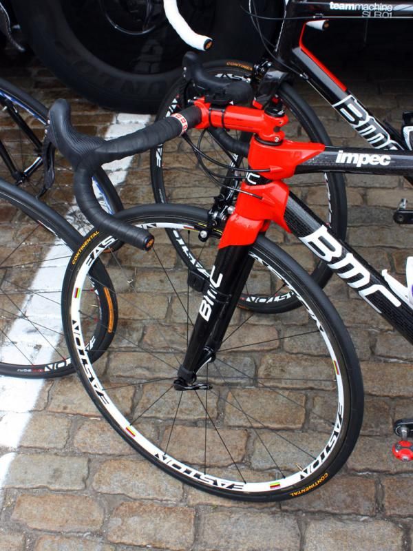 BMC team sponsor Easton provides Cadel Evans with special world champion-edition wheels.