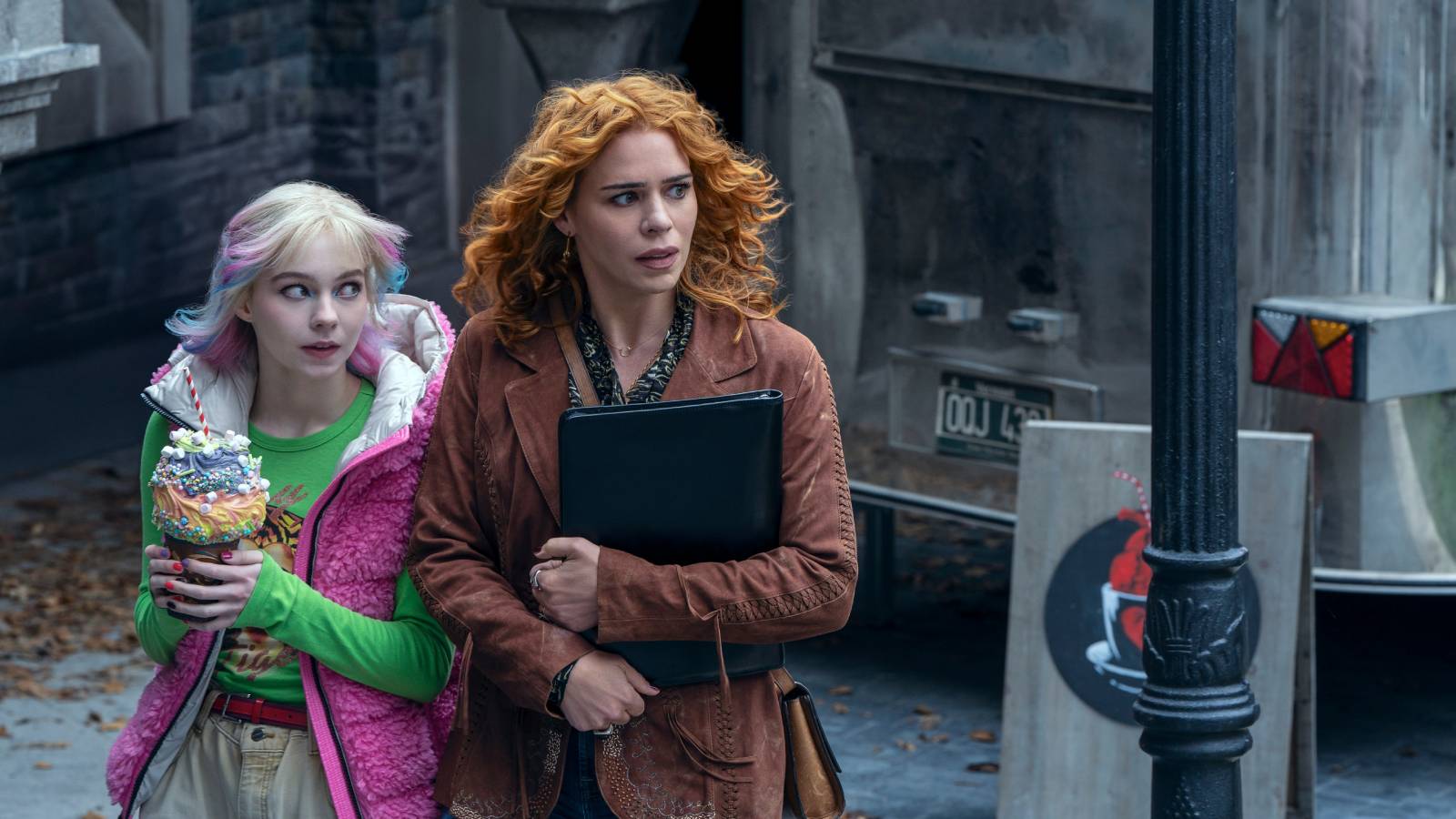 Billie Piper & Emma Myers in Wednesday season 2 on Netflix.