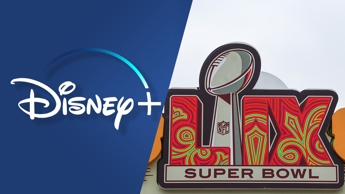 Composition of Disney Plus logo and the Super Bowl LIX logo