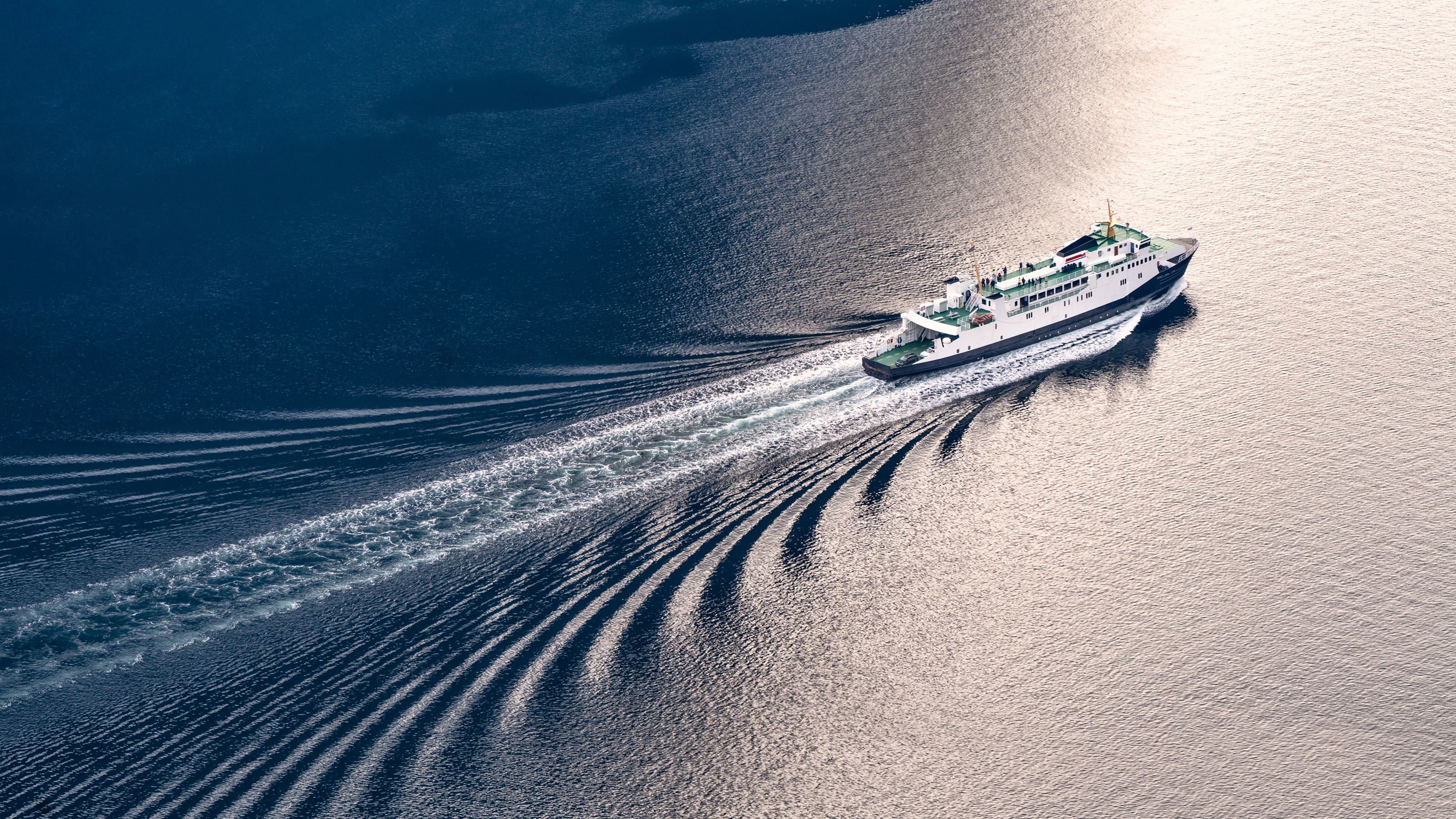 Aerial view of a cruise ship cutting through water.