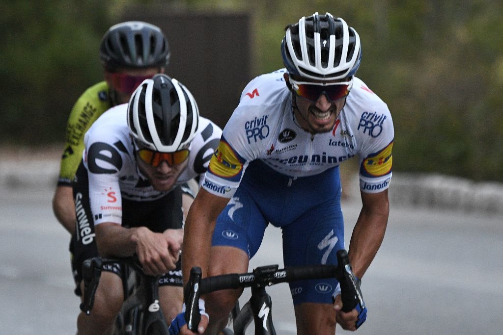 Team Deceuninck rider Frances Julian Alaphilippe R rides ahead of Team Sunweb rider Switzerlands Marc Hirschi C and Team Mitchelton rider Great Britains Adam Yates L during the 2nd stage of the 107th edition of the Tour de France cycling race 187 km between Nice and Nice on August 30 2020 Photo by AnneChristine POUJOULAT AFP Photo by ANNECHRISTINE POUJOULATAFP via Getty Images