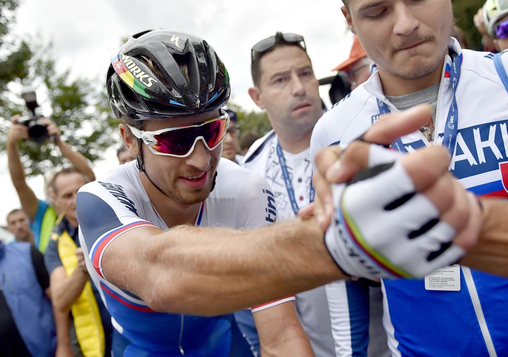 Peter Sagan celebrates his win at the European championship road race.