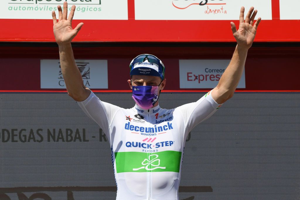 Sam Bennett on the podium at the Vuelta a Burgos