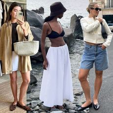 fashion collage of style influencers featuring chic summer outfit ideas from Anna Newton, Sylvie Mus, and Izzy Dilger wearing pieces like a woven bag, full white skirt, and long denim shorts
