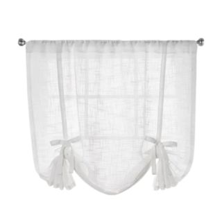 A white tied up sheer curtain panel on a rod