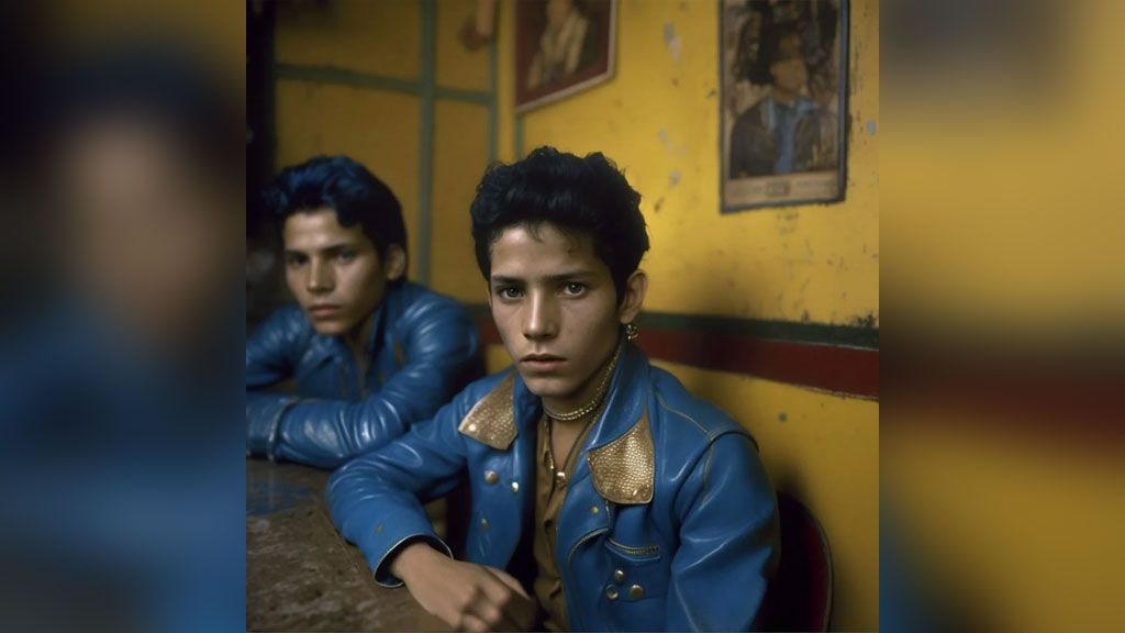 Two people sitting in a cafe wearing blue jackets 